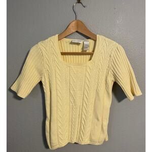 Liz Claiborne Sweater Womens Small Yellow Cable Knit Short Sleeve Granny Y2K